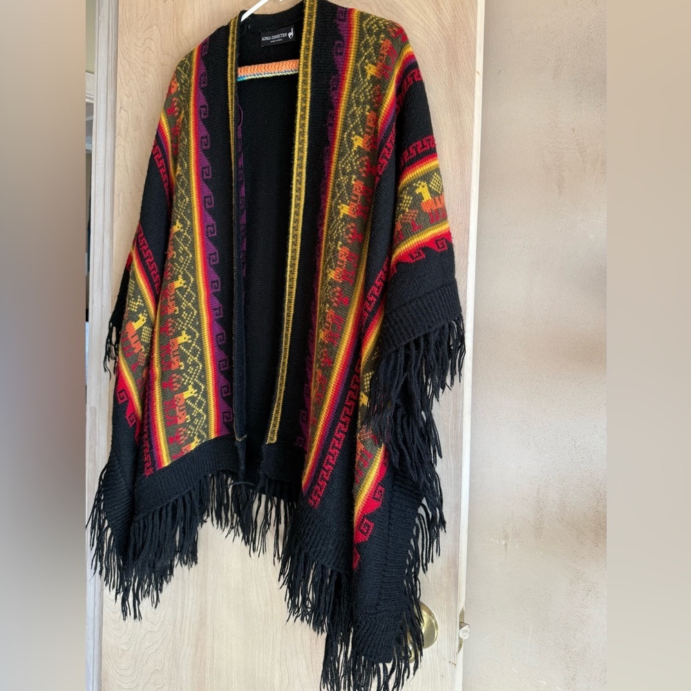 Alpaca Connection Alpaca Wool Ruana Wrap Peru Black Multicolor Unisex OS - Picture 4 of 13